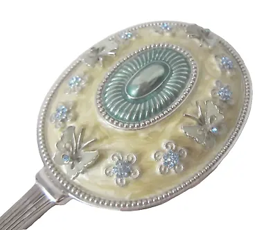Argento SC Vtg Hand Mirror Enamel Swarovski Aqua Crystals Oval Butterfly Floral • $59.99