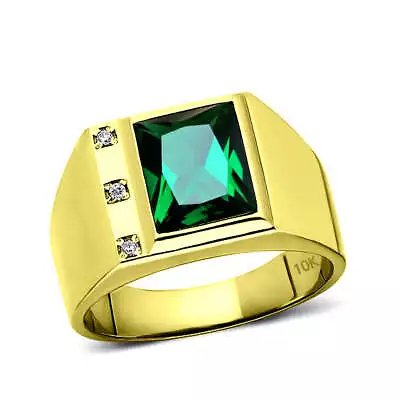 Mens Solid 10K Gold Green Emerald Ring 0.06ct Natural Diamonds Fine Ring For Man • $649