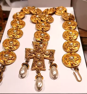 A Must 4 A Queen! Vtg Auth Edouard Rambaud Maltese Cross Pearls Gold Pl Necklace • $699.99