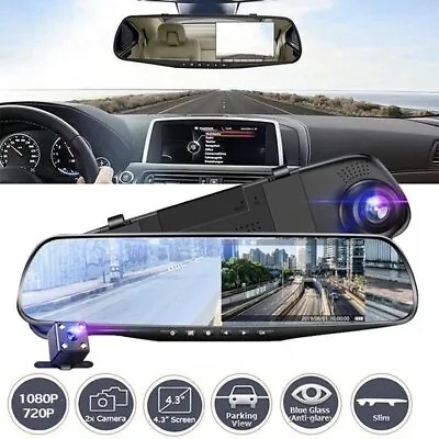 4.3'' Hd Dual Lens Car Dvr Dash Cam Front And Rear Mirror Camera Video Recorder • £17.08