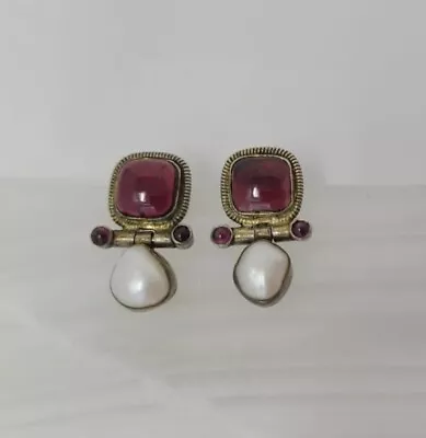 Museum Of Jewelry Arnsworth Castle Earrings 925 Sterling Garnet & Pearl Pierced • $125
