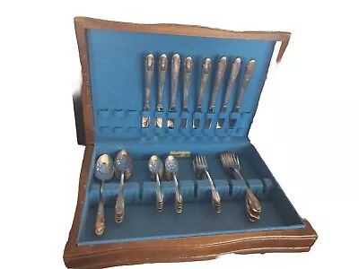 Vintage WM Rogers & Son 48 Pc Stainless Silverware Set & Wood Case Floral • $29.99