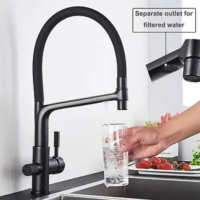 Modern 3 Way Kitchen Pure Water Spout Filter Mixer Taps Black Sink Faucet Brass • £55