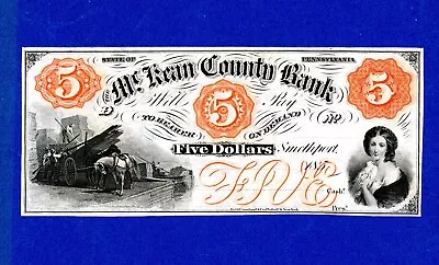 1850s $5 McKean County Bank PA Remainder Crisp UNC Note • $11.50