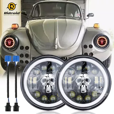 RGB LED Headlights 7  Round Skull DRL Turn Signal For VW Dune Buggy / Rail Buggy • $69.99