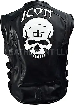 Icon Skull Racer Mens Genuine Leather Motorcycle Wear Vest Skul Biker • $116.98