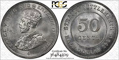 Straits Settlements 1920 George V Fifty Cents PCGS MS 65 50 Cents. • $299