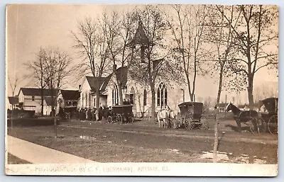 Postcard RPPC Arthur IL Country Church Funeral Horse Drawn Hearse Eberhardt AP11 • $29.99