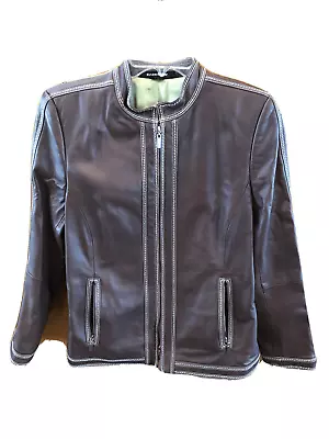 Ellen Tracy Women M Leather Zip Jacket Chocolate Brown Green Trim Pocket Lined • $23