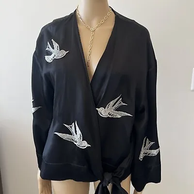 Zara  Womens Sz M-L  Kimono Top Satin Black Bird Embroidery Cardigan • $17.55