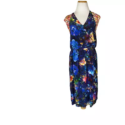 Megan Park Size 1 (US 6) Silk V-Neck Floral Dress Mixed Prints Tie Back Cutout • $58.49