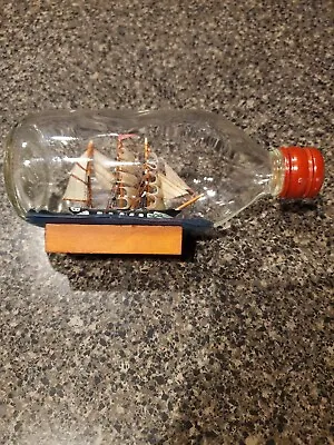 Vintage Sailing Ship In A Bottle Two Masted Schooner Nautical Wooden With Stand • $30