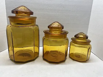 3 VTG LE Smith Golden Amber Glass Paneled Canister Apothecary Jar Set Star Lids • $55