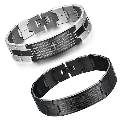 Classic Stainless Steel English Bible Cross Bracelet Chain Link Mens Bangle Cuff • $8.99