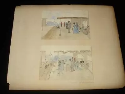 2 X Watercolour Paintings From Victorian Album Railway Theme Waiting For Trains • £9.99