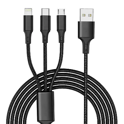 3 In 1 Multi USB Charger Charging Cable Cord For USB-C Micro USB Android IPhone • £3.99