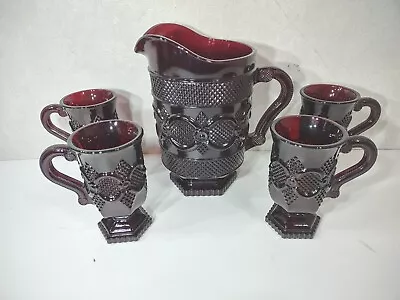 Avon 1876 Cape Cod Ruby Red 46 Oz Water Pitcher Footed 8” With 4 Footed Glasses • $39.20