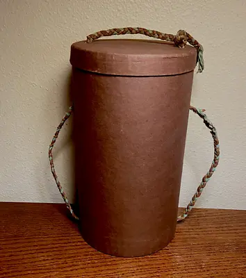 Vintage Brown 10” X 5” Cylinder Shape Wig/Hat Box W Twine/Rope Handle • $13