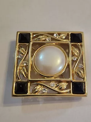 Monet Vintage Metal Pin Enamel Jeweled Heavy Gold Tone Square Brooch • $8.99