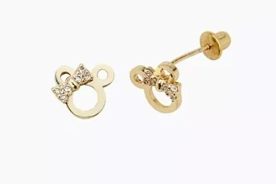 Aretes De Oro 14 Kilates Diseño Minnie Mouse Broche Seguro Con Piedras Brillante • $140