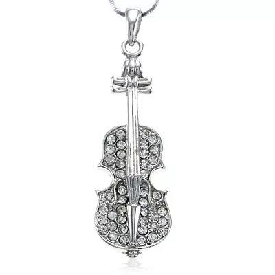 Violin Music Instrument Clear Crystal Stone Silver Tone Kid Pendant Necklace NEW • $9.99