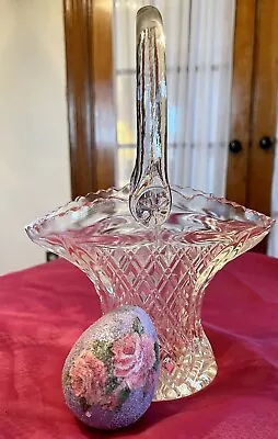 Vintage Crystal Heavy Diamond Pattern Glass Handled Wedding Basket Easter 11  • $39.99