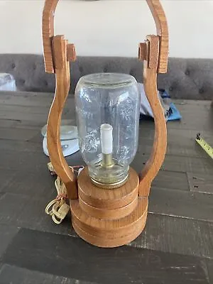 Country Rustic Camping Cabin Lamp Vintage Handmade Wooden Ball Mason Jar Dc7 • $30