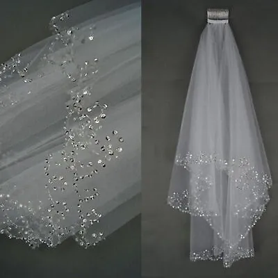 2 Layer White/Ivory Elbow Length Beads Edge Wedding Bridal Veil With Comb New • £13.28