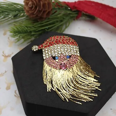 Vtg Prong Set Rhinestone Christmas Santa Claus Gold Tone Chain Dangle Beard Pin • $17.95