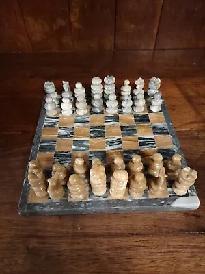 Vintage Mini Stone Marble Chess Set Hand-Carved Figures Tan White  • $60