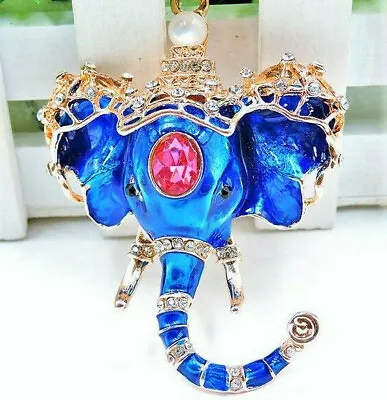 Decorated Blue ELEPHANT Ganesh Rhinestone PEARL Enamel Betsey Johnson Necklace  • $13.95