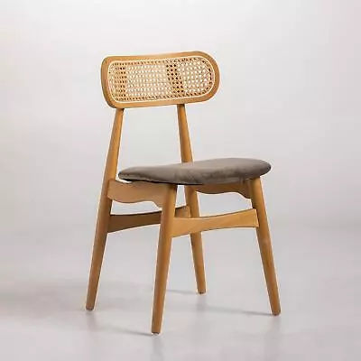 Halas Dining Chair Fabric Seat With Cane Backrest Natural Mid-Century Frame • £139