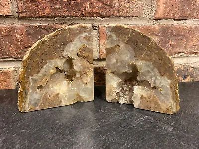 Vintage Natural Agate Crystal Quartz Geode Bookends- Gray/Cream/Brown - Look! • $36