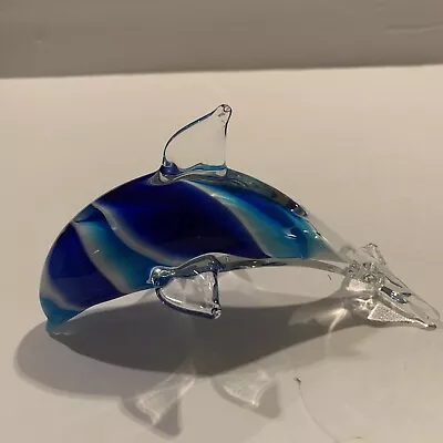 Art Glass Aqua Blue & White Dolphin 6  With Stripes Figurine  As Is Small Chip • $9
