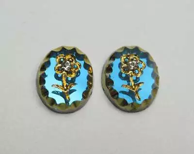 Vintage Glass Flower Cabochons 10X8mm Gold On Aqua Blue Made In Germany 2pcs • $5.49