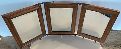 Antique Trifold Vanity Dresser Shaving Mirror Wall Tabletop Oak Wood Frame  • $50