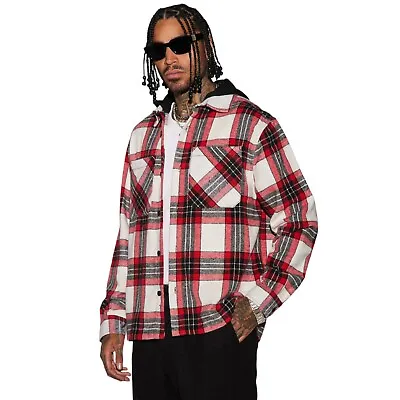 Stacking Hooded Flannel Shacket Jacket Red Black Flannel Men's Size Medium • $32.94