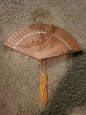 Vintage Sandalwood Japanese Folding Hand Fan Tassels With Box 1950s?? • $30