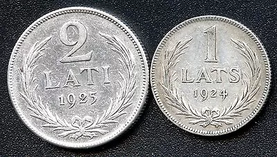 1924 Latvia 1 Lats & 1925 2 Lati Silver Coins (5/10 Grams .835 Silver) • $40.64