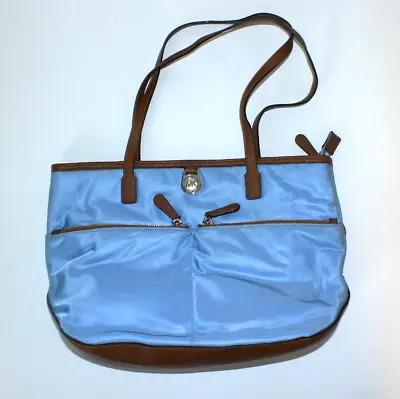 MICHAEL KORS Kempton Pocket Tote Shoulder Bag Light Baby Blue & Brown Leather • $19.99