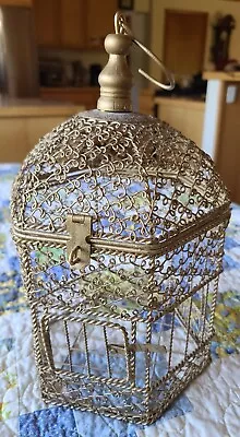 Vintage Gold Bird Cage Wired With Glitter 13  Tall Hexagon Base Beautiful! • $49.12