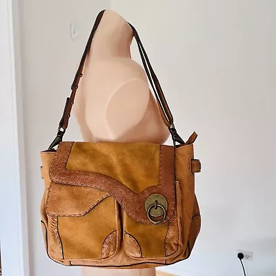 Mimco Romany Satchel Handbag Shoulder Bag Satchel Tan Leather Suede Tumeric • $142.45