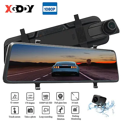 XGODY 10  1080P Dash Cam Dual Lens HD Front Rear Video Recorder Rearview Mirror • $45