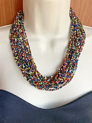 Vintage MULTICOLOR GLASS SEED BEAD MULTI STRAND NECKLACE Southwestern Boho • $14.95