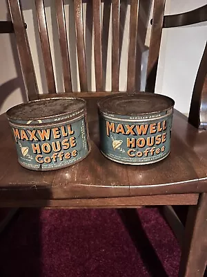 2 VINTAGE MAXWELL HOUSE COFFEE TINs  1 POUND CANs WITH LIDs  Big Price Drop • $29.99