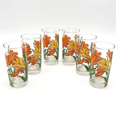 6 Vintage Water Glasses Orange Yellow Summer Flowers Signed Pat Au - EUC • $36