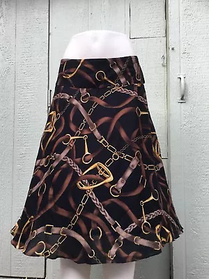 Ralph Lauren A-line Black Brown Equestrian Extra-wide Waistband Silk Skirt Sz 6 • $120