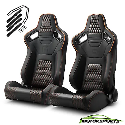 Pair Of PVC Carbon Fiber Leather Reclinable Racing Seats W/Silders Orange+Black • $329.98