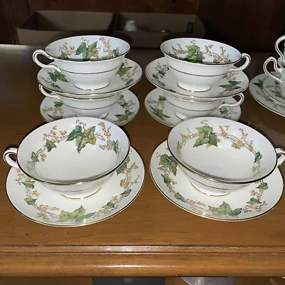 6 Minton Lothian S-431 Green Ivy Leaf Tea Cup & Saucer Sets Globe Backstamp • £48.07