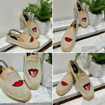 Soludos Jason Polan Lips  Embroidered Espadrilles Flats Smoking Shoes UK 4 36.5 • £34.95